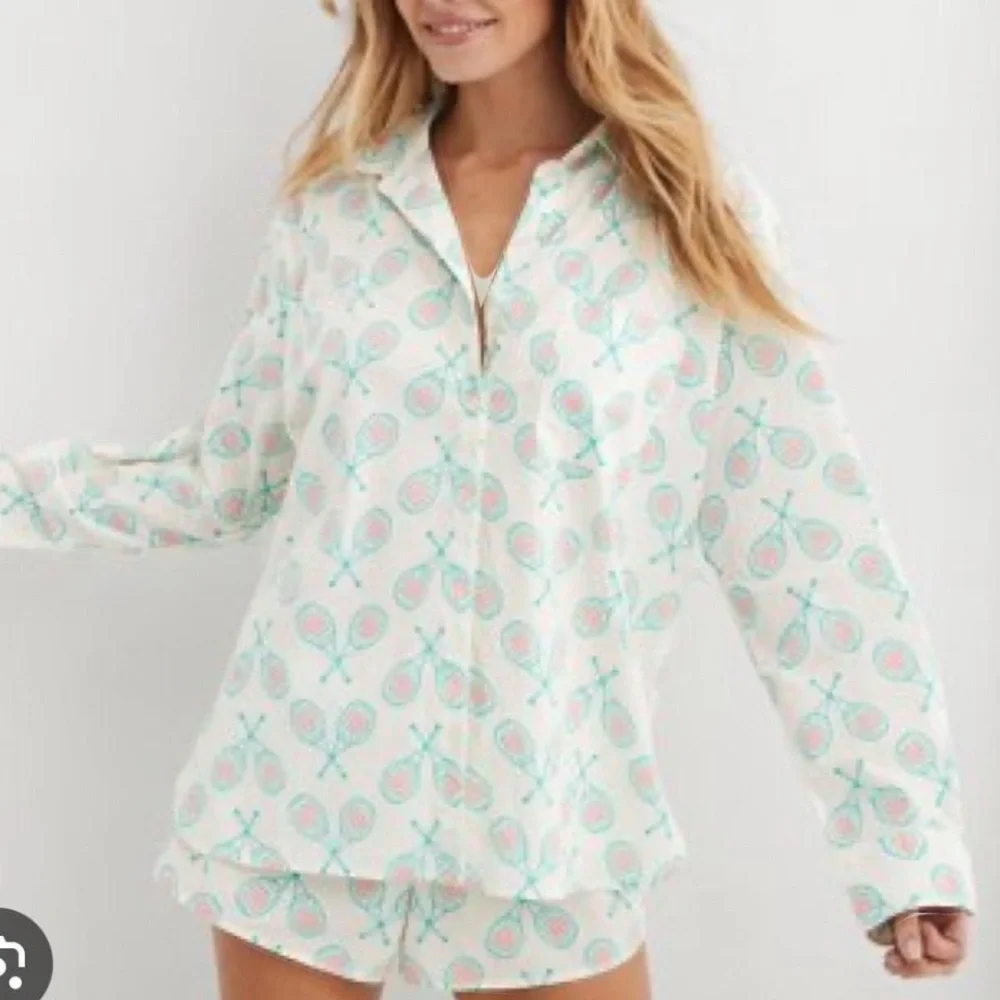 Aerie poplin pj to party Tennis Racket + Hearts button up shirt XL - Picture 1 of 10